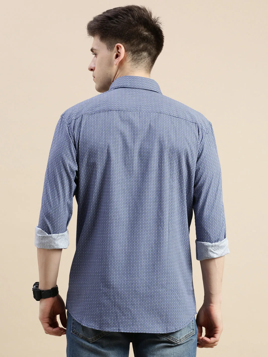 Men Blue Standard Slim Fit Micro Ditsy Printed Spread Collar Cotton Casual Shirt