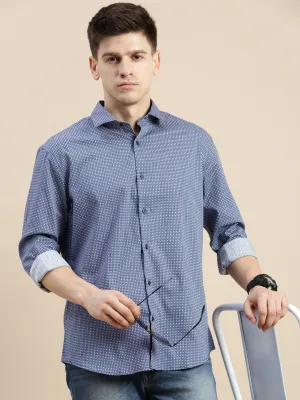 Men Blue Standard Slim Fit Micro Ditsy Printed Spread Collar Cotton Casual Shirt