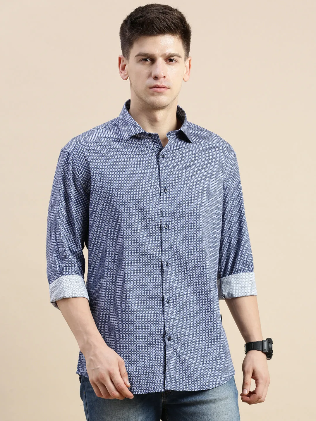 Men Blue Standard Slim Fit Micro Ditsy Printed Spread Collar Cotton Casual Shirt