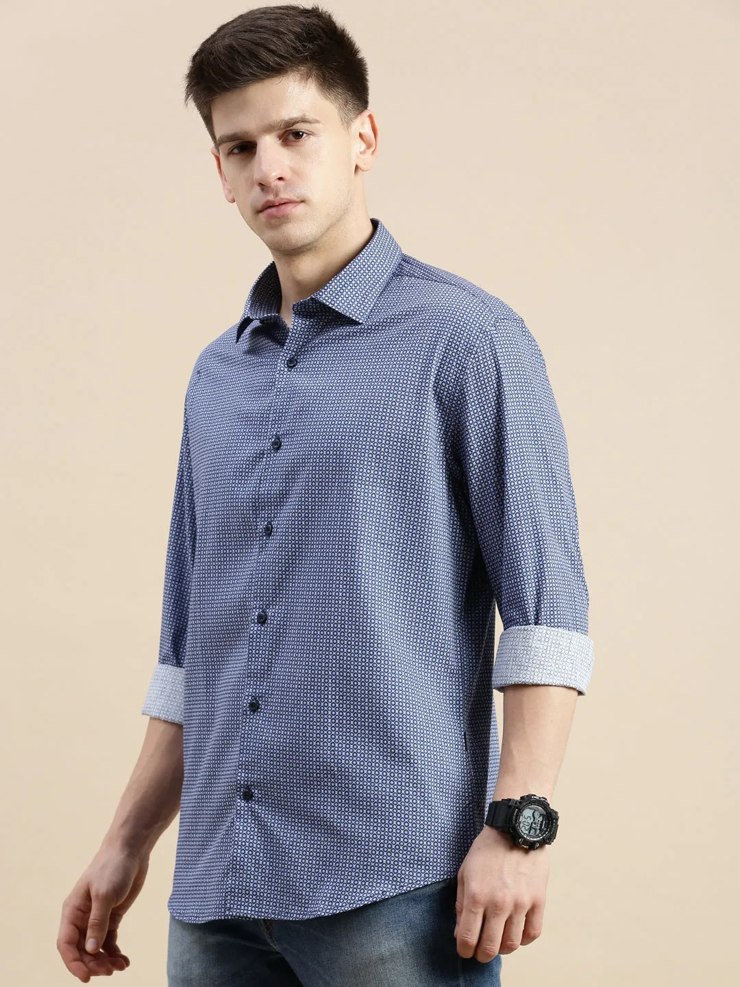 Men Blue Standard Slim Fit Micro Ditsy Printed Spread Collar Cotton Casual Shirt