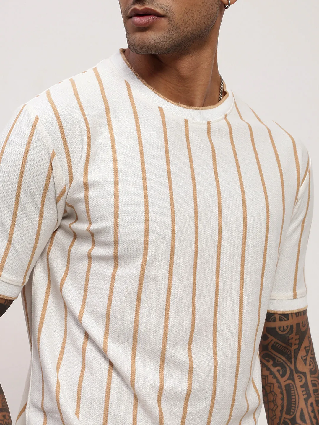 Men Cream Striped T Shirt