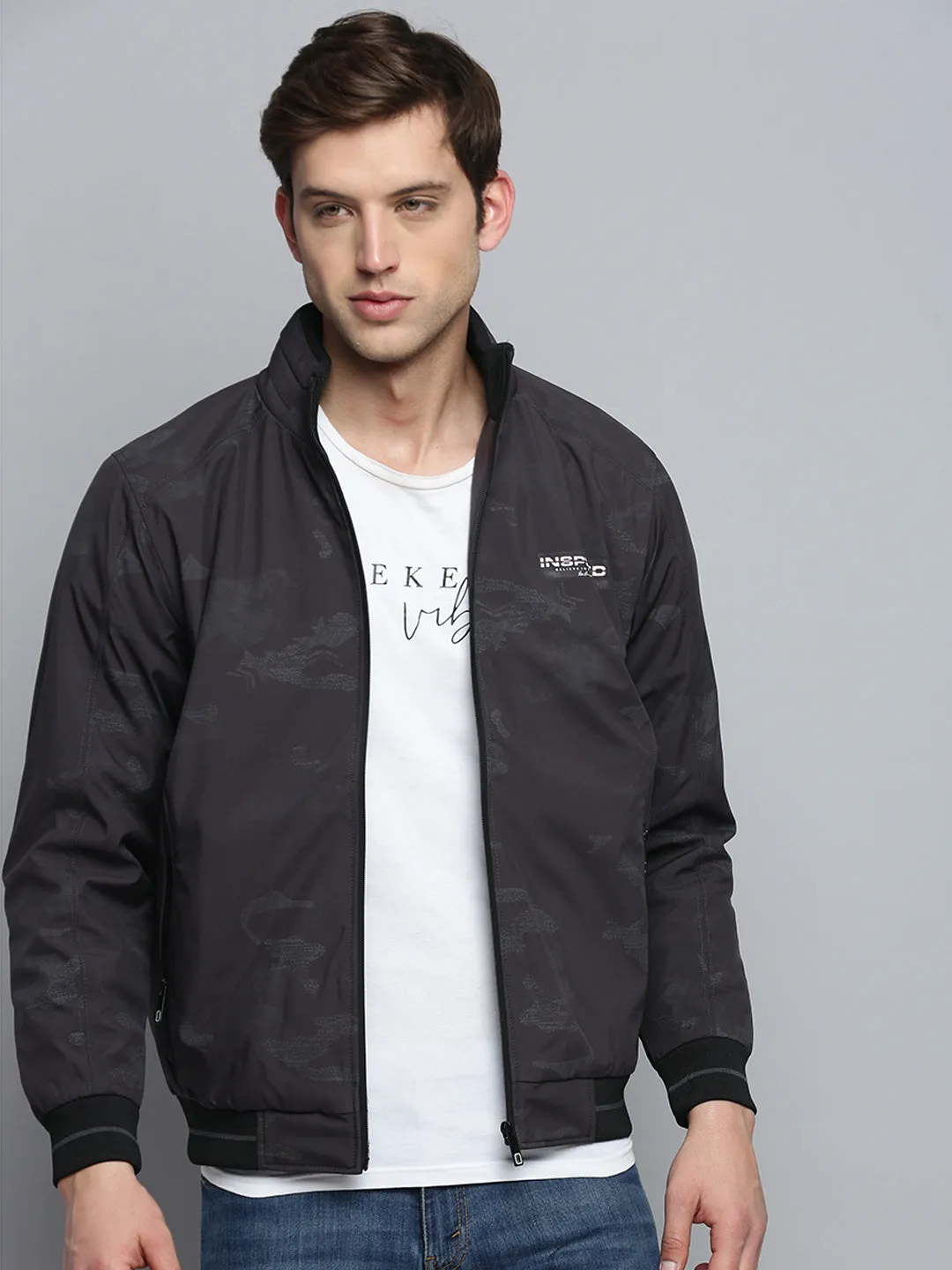 Men Grey Camouflage Printed Water Resistant Bomber Jacket