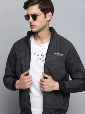 Men Grey Camouflage Printed Water Resistant Bomber Jacket