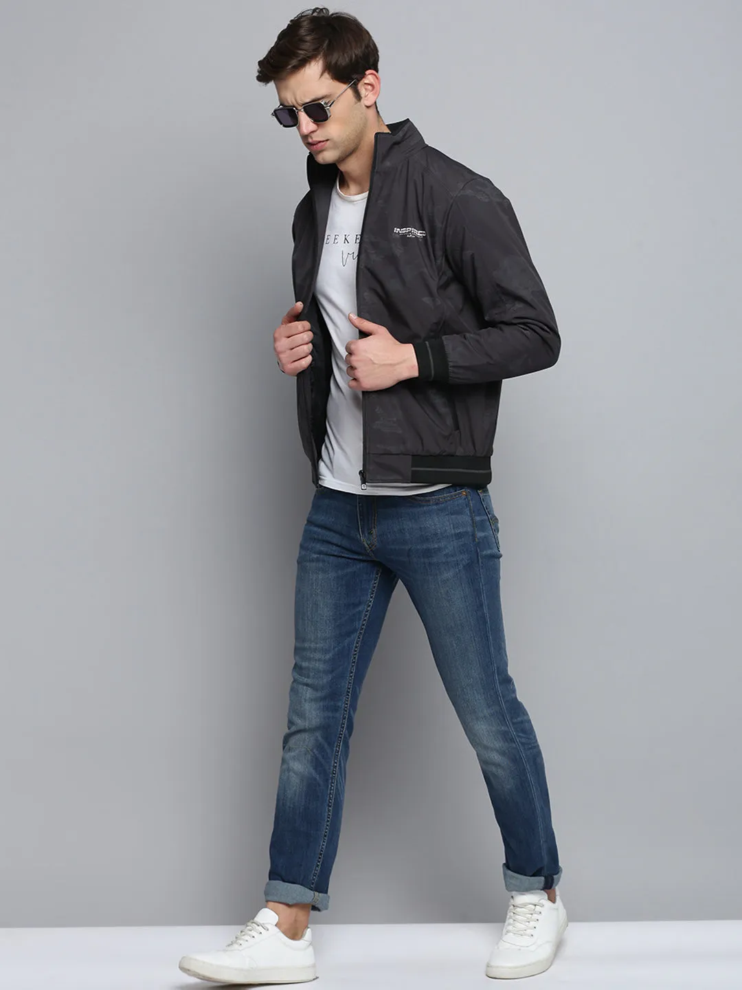 Men Grey Camouflage Printed Water Resistant Bomber Jacket