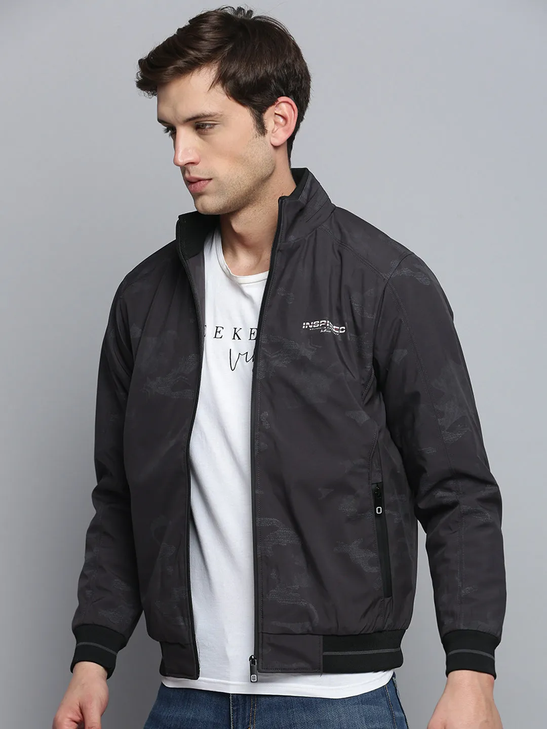 Men Grey Camouflage Printed Water Resistant Bomber Jacket