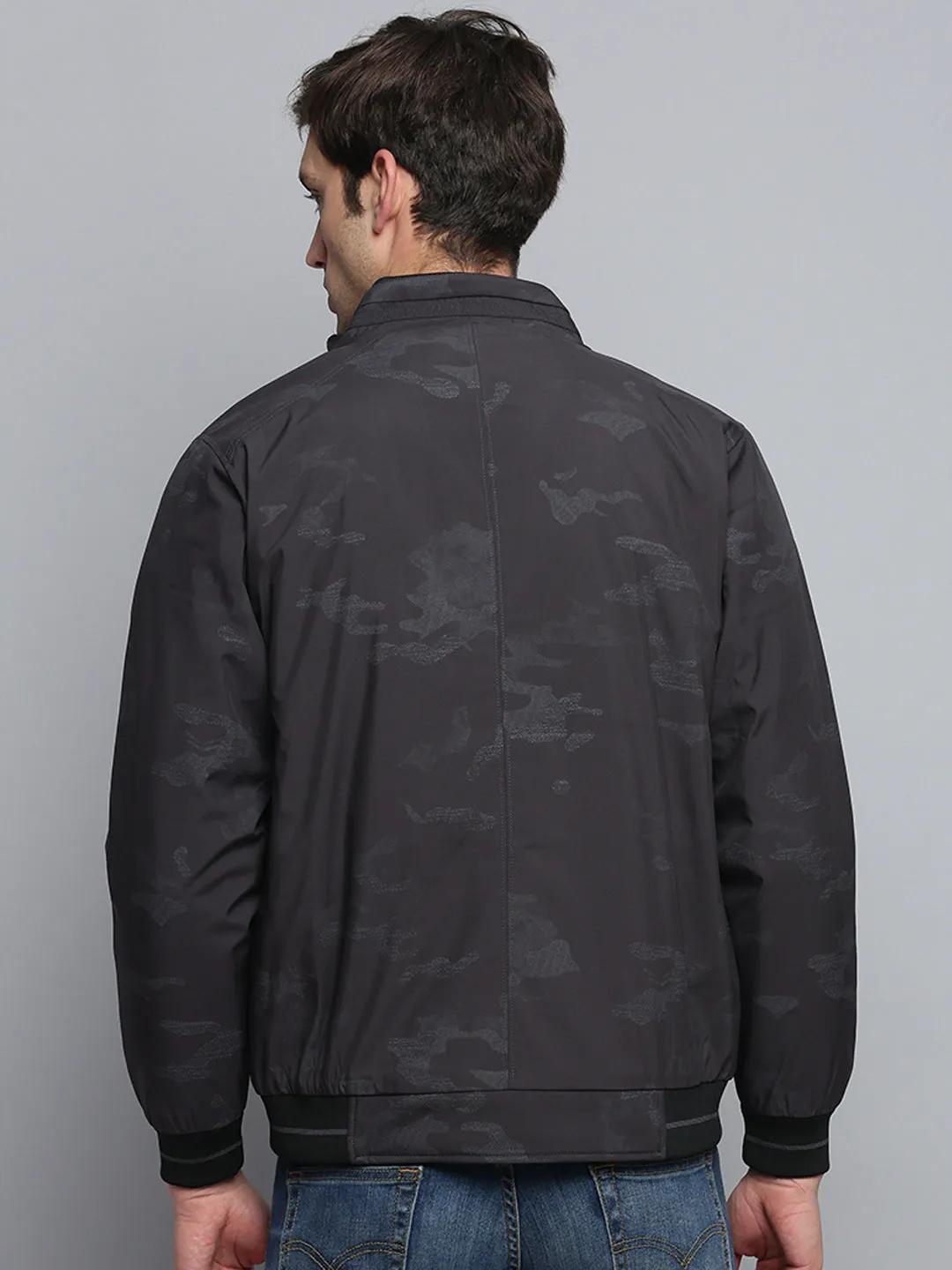Men Grey Camouflage Printed Water Resistant Bomber Jacket
