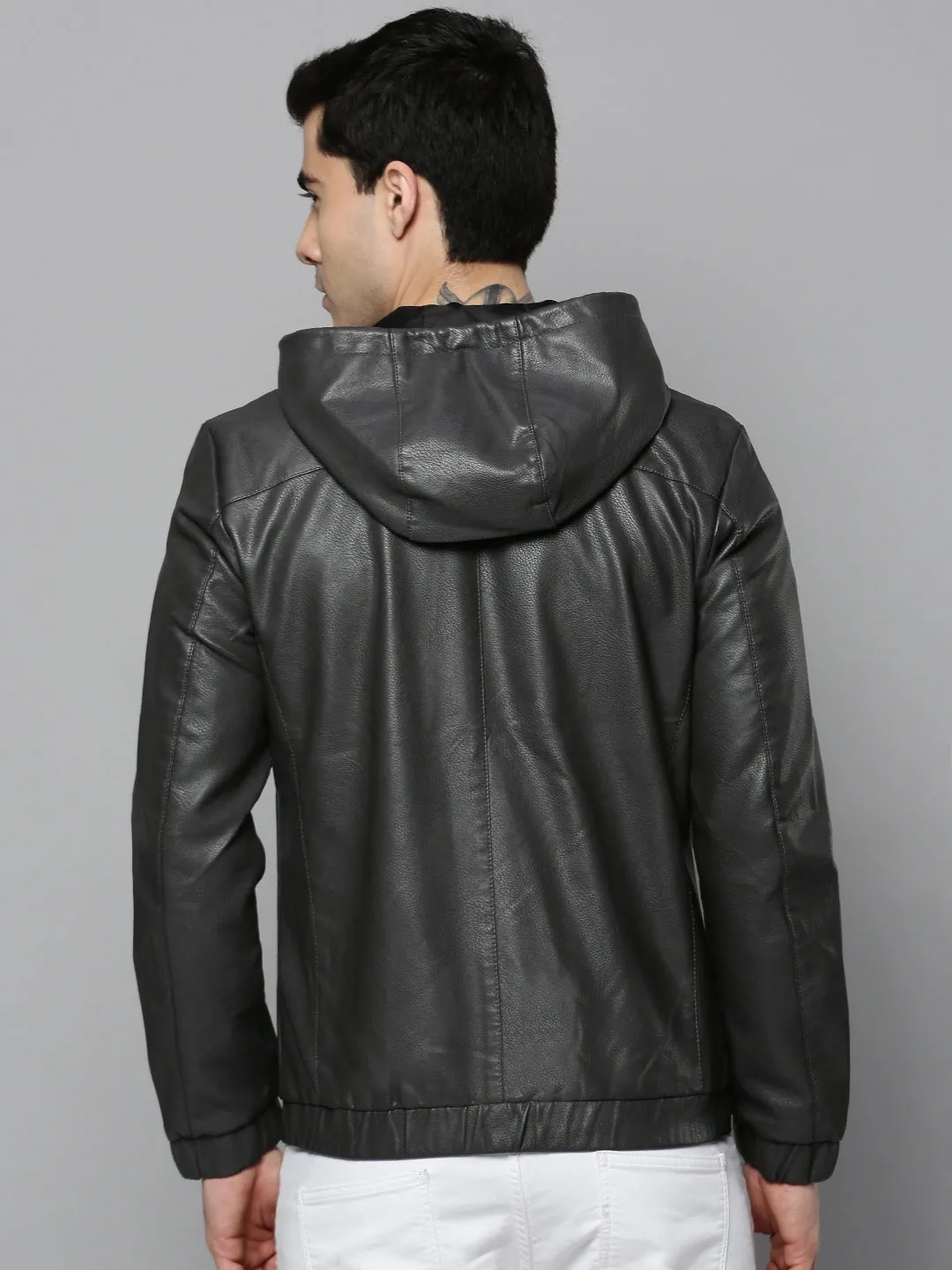 Men Grey Leather Biker Jacket