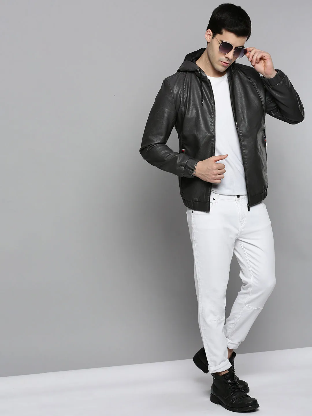 Men Grey Leather Biker Jacket