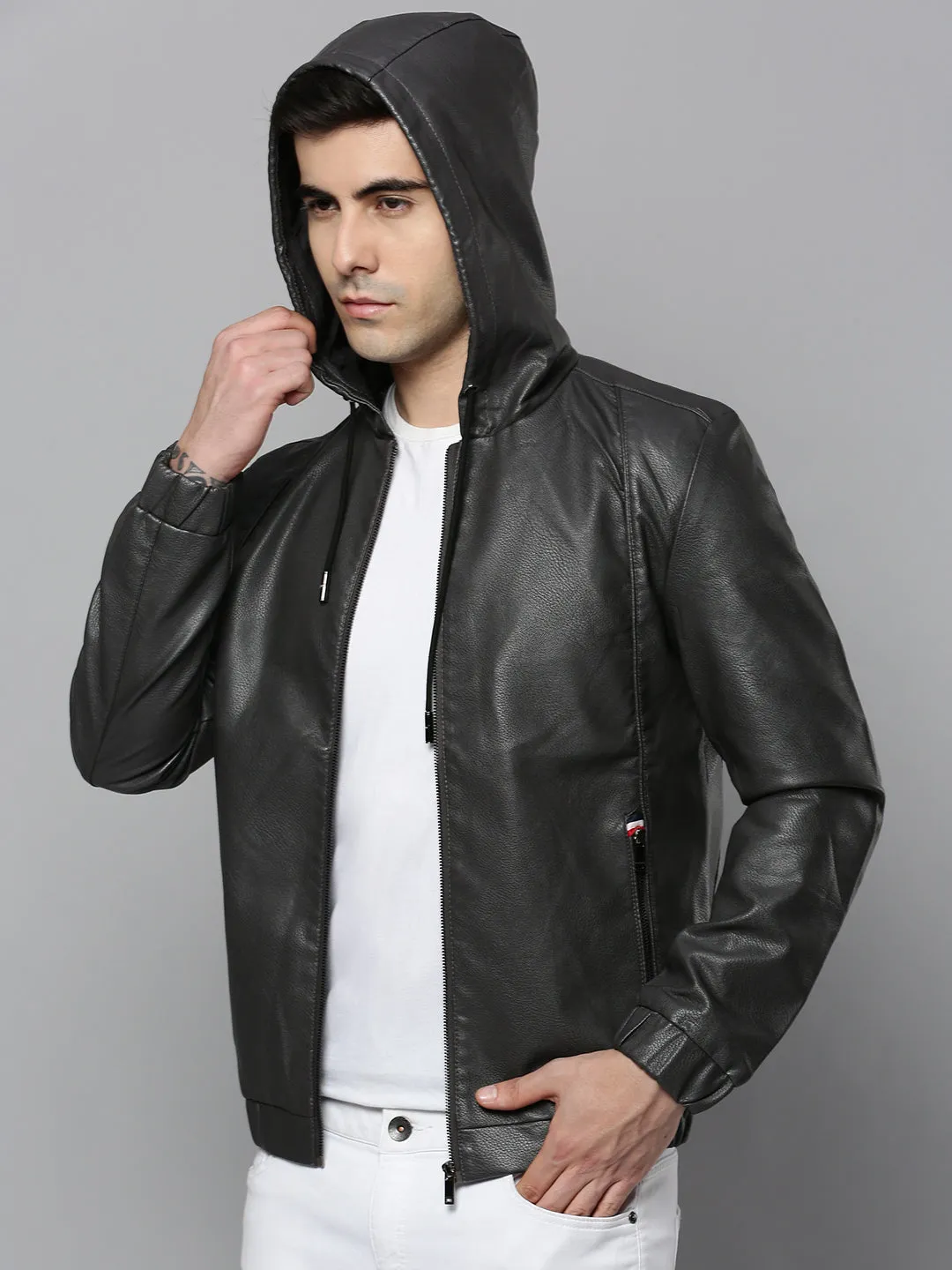 Men Grey Leather Biker Jacket