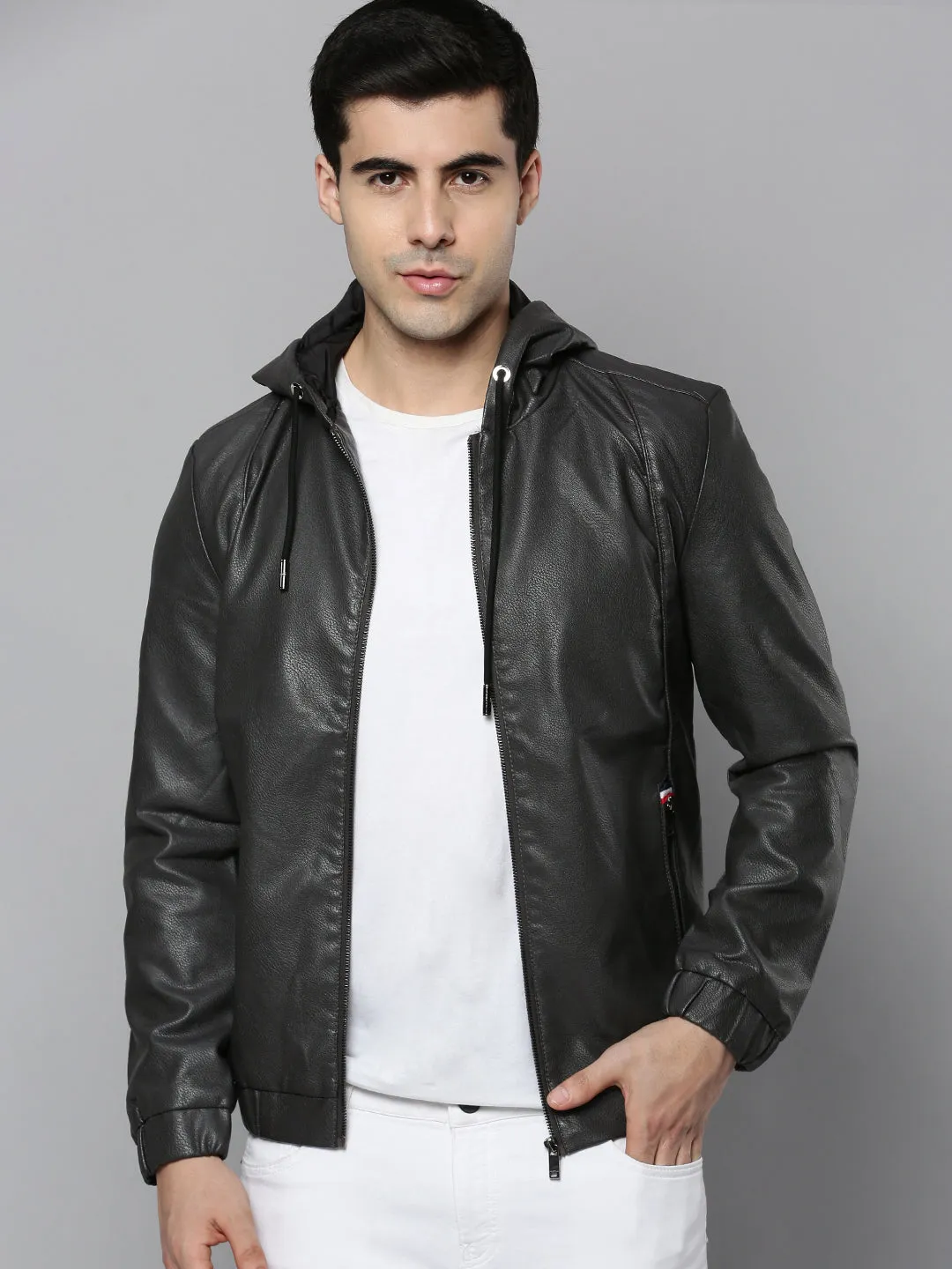 Men Grey Leather Biker Jacket