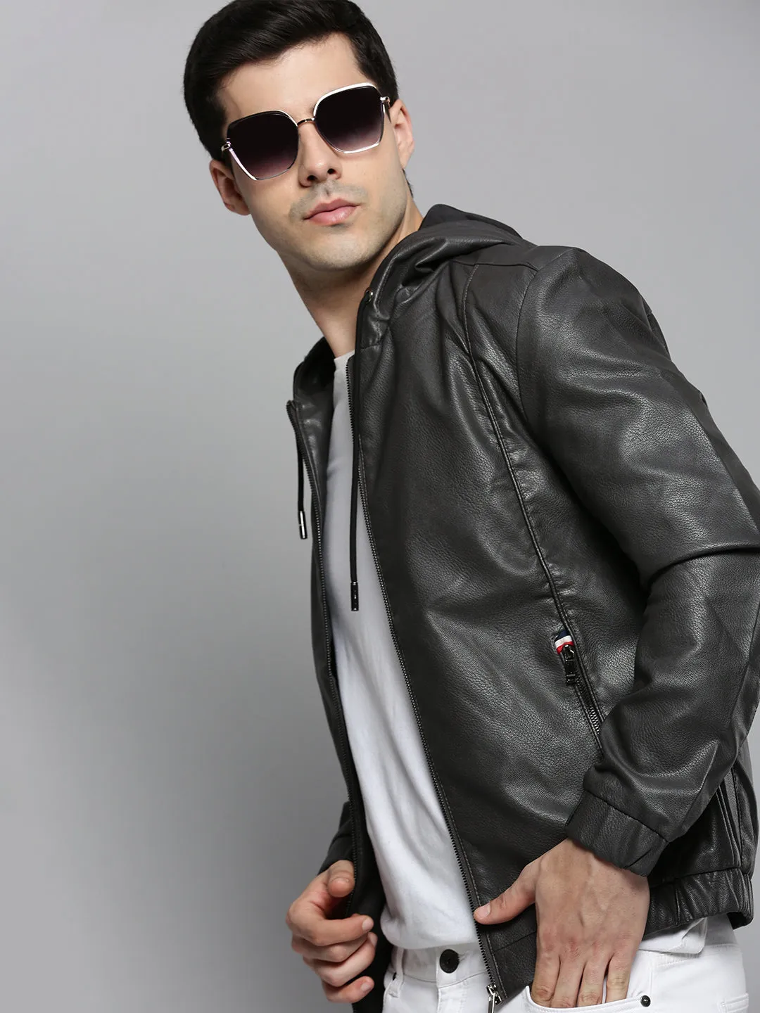 Men Grey Leather Biker Jacket
