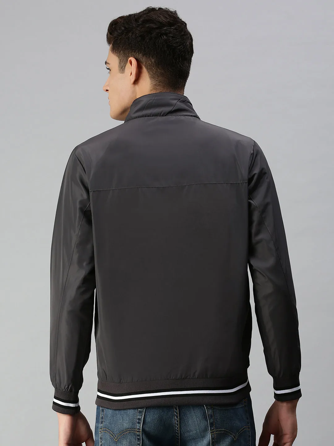 Men Grey Solid Bomber with Patchwork Jacket