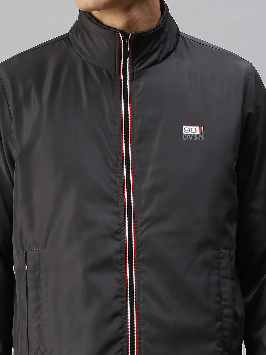 Men Grey Solid Bomber with Patchwork Jacket
