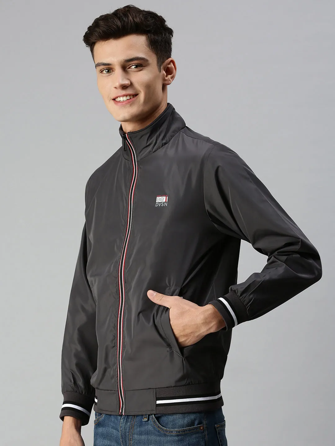 Men Grey Solid Bomber with Patchwork Jacket