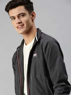 Men Grey Solid Bomber with Patchwork Jacket