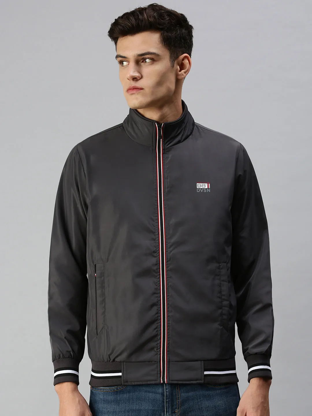Men Grey Solid Bomber with Patchwork Jacket