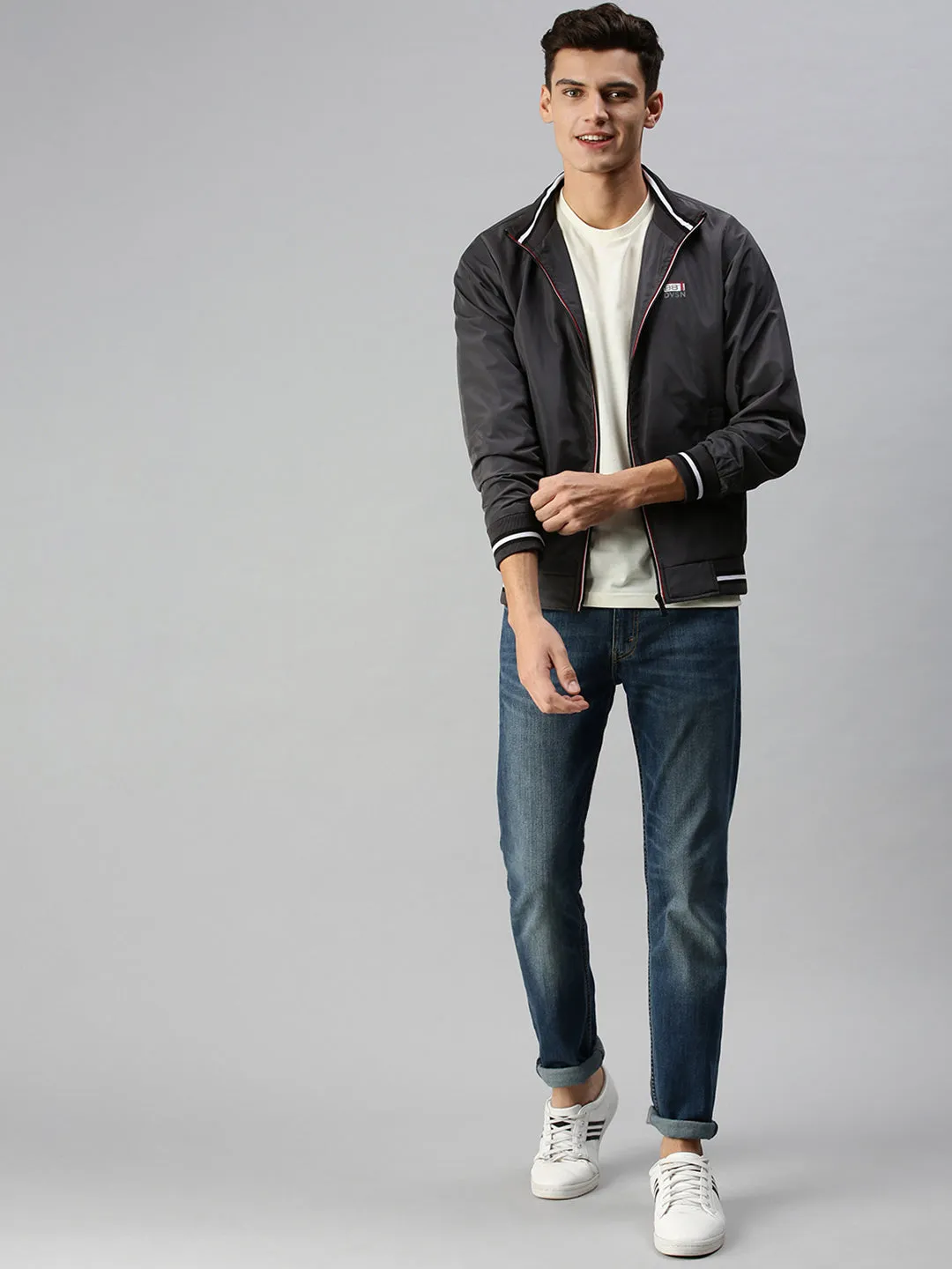 Men Grey Solid Bomber with Patchwork Jacket
