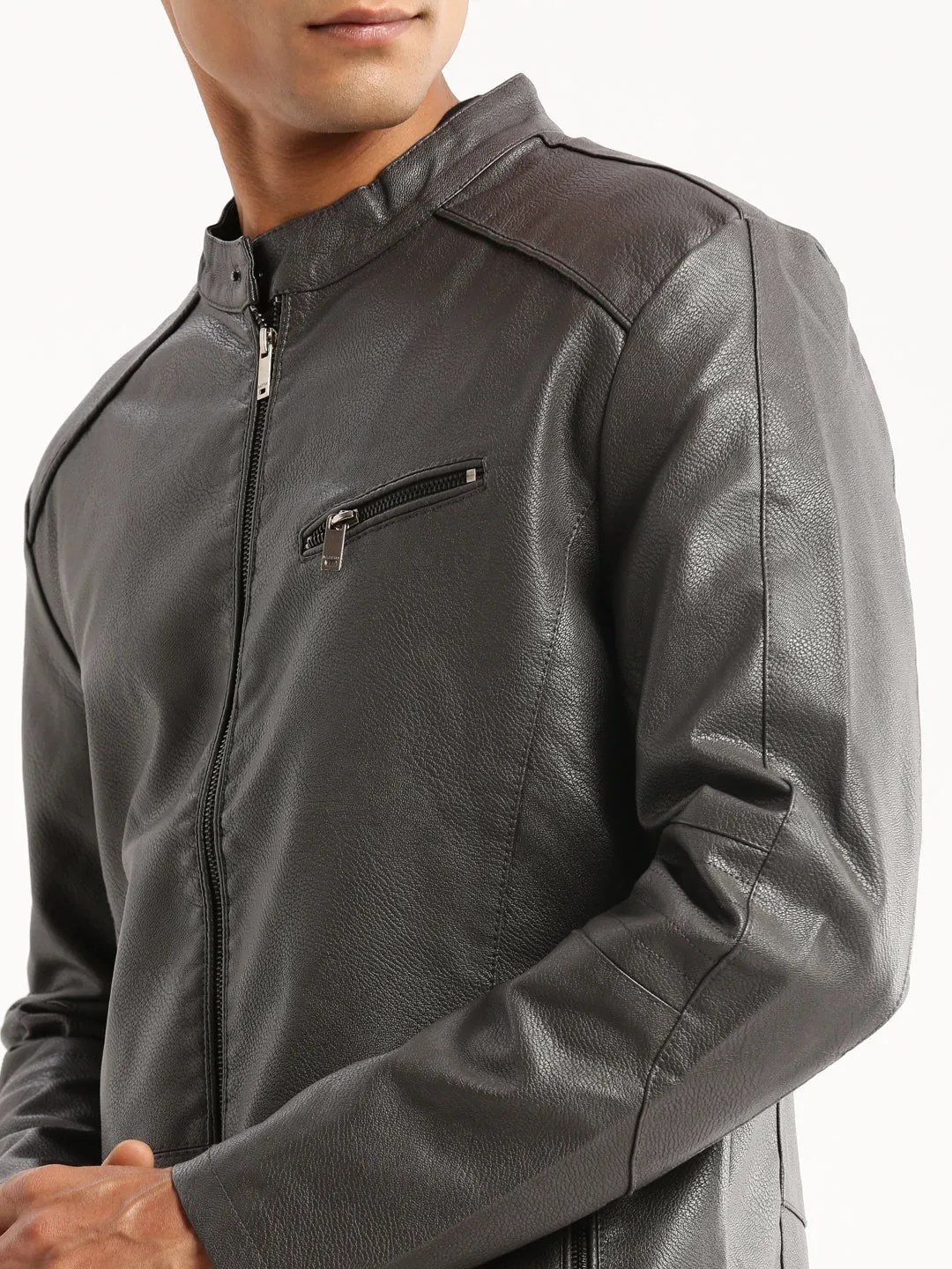Men Grey Stand Collar Biker Jacket