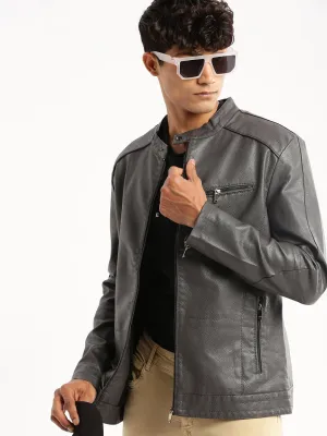 Men Grey Stand Collar Biker Jacket