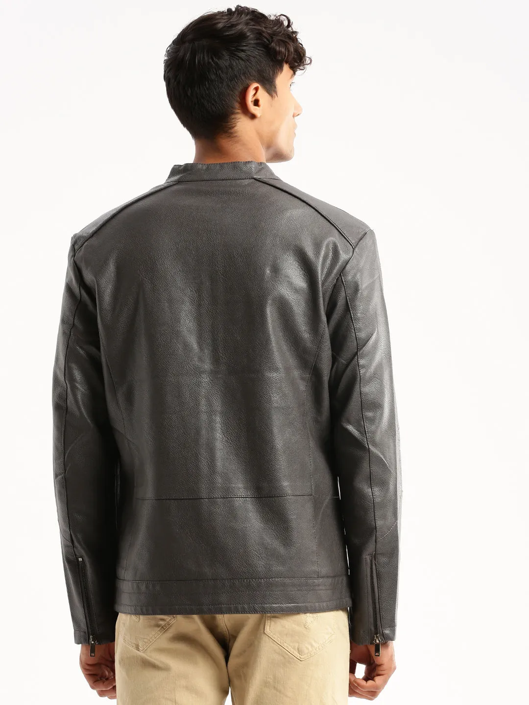 Men Grey Stand Collar Biker Jacket