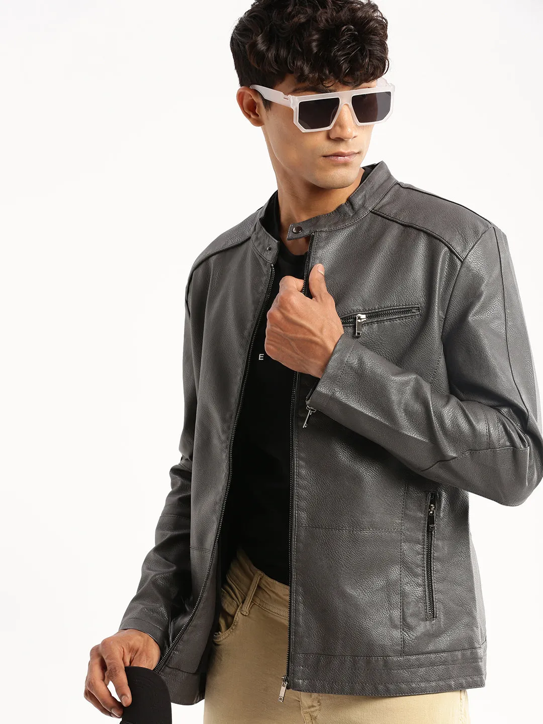 Men Grey Stand Collar Biker Jacket