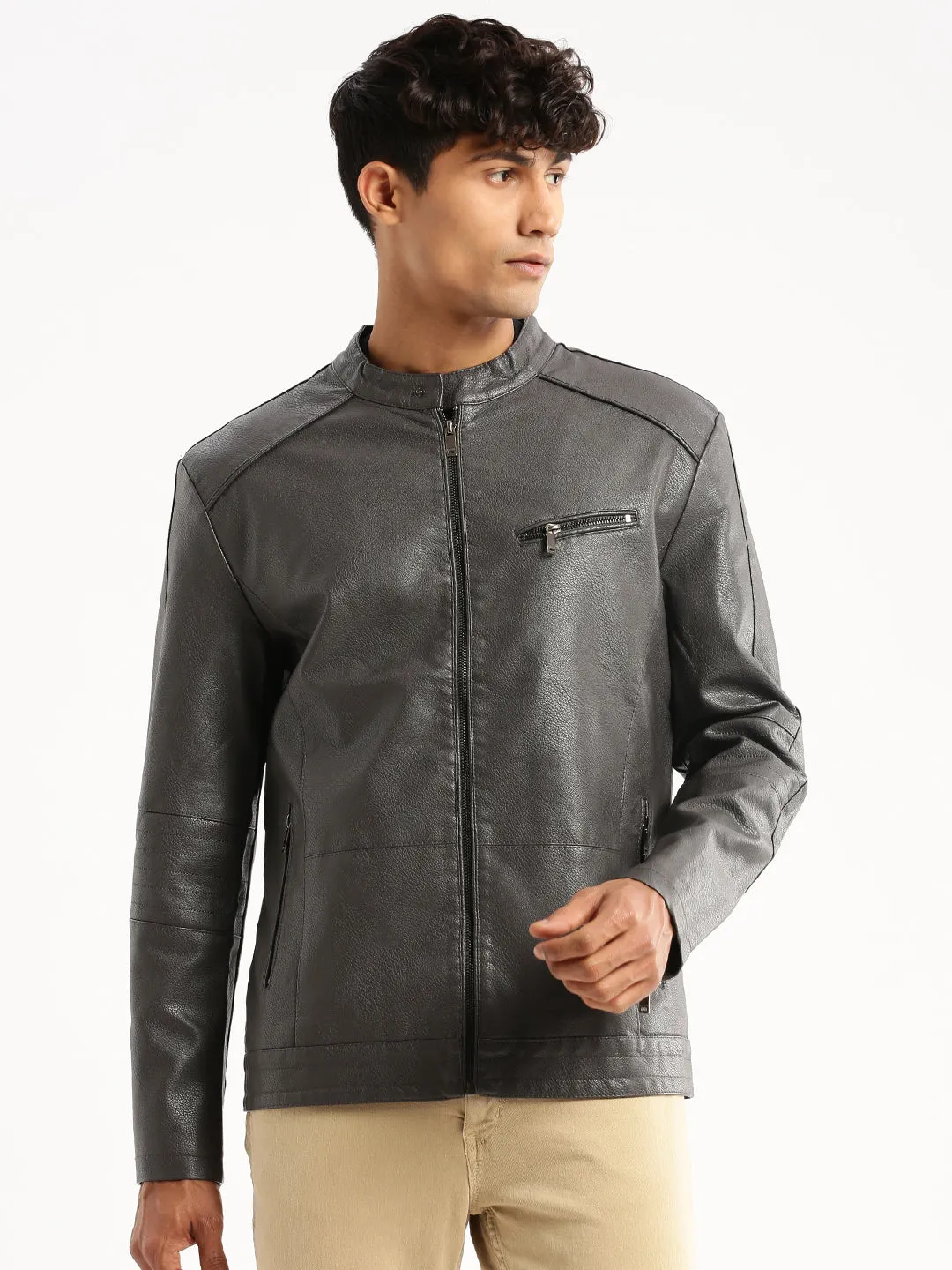 Men Grey Stand Collar Biker Jacket