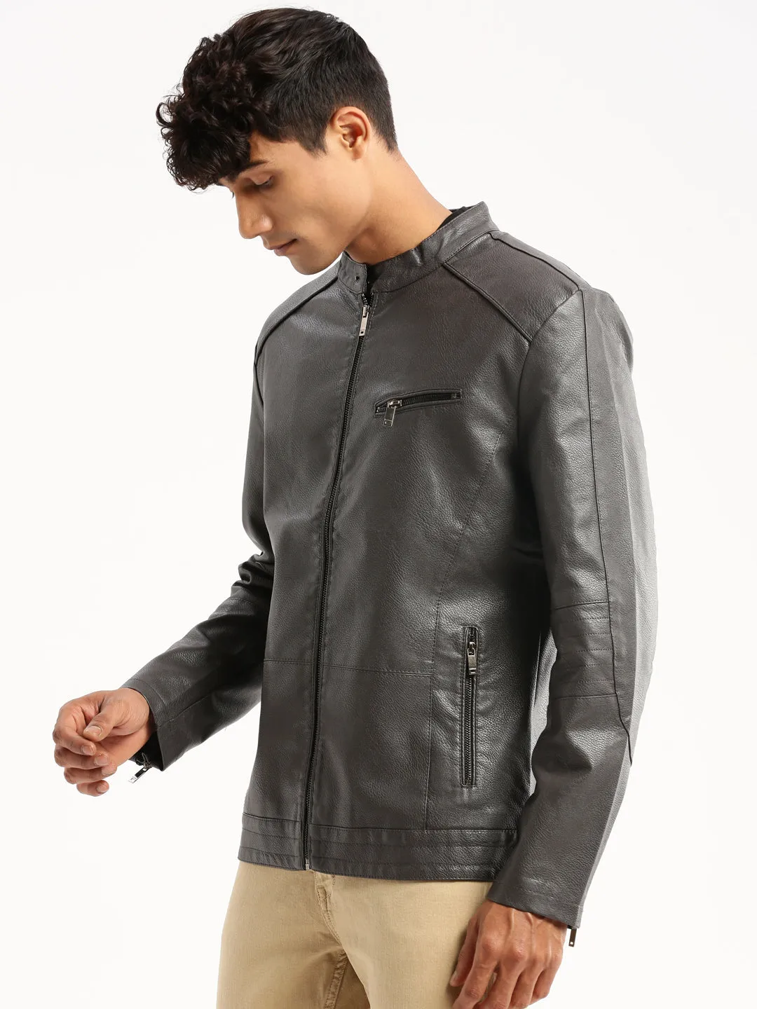 Men Grey Stand Collar Biker Jacket