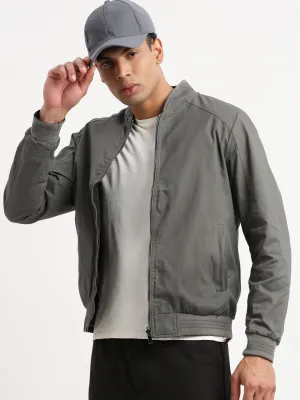 Men Mandarin Collar Grey Solid Reversible Bomber Jacket
