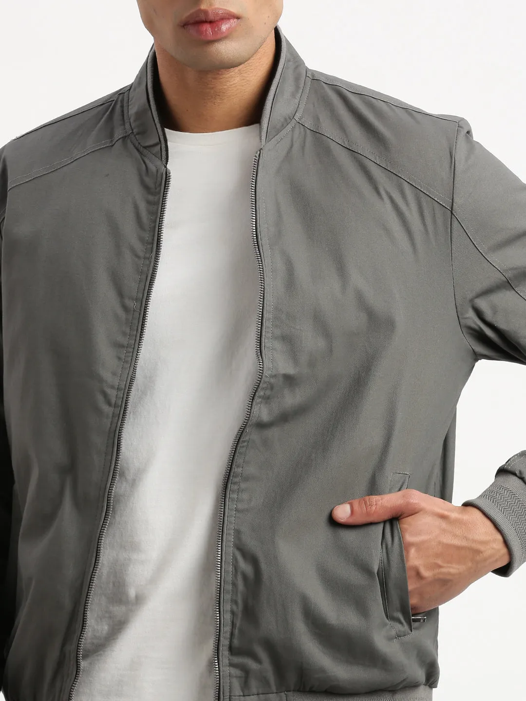 Men Mandarin Collar Grey Solid Reversible Bomber Jacket