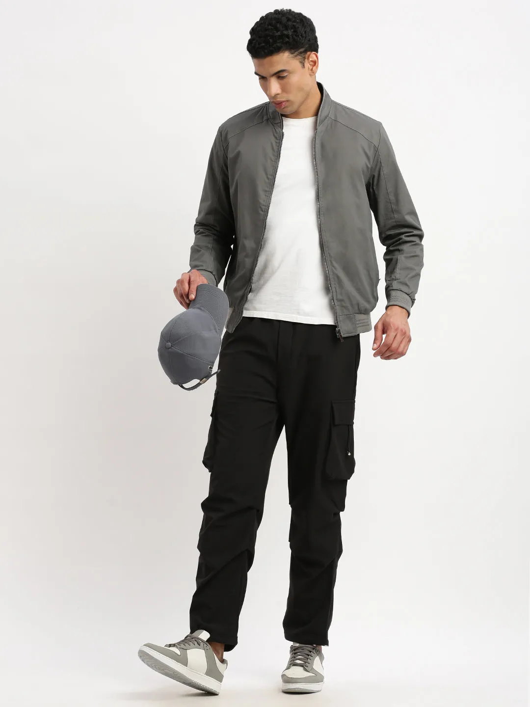 Men Mandarin Collar Grey Solid Reversible Bomber Jacket