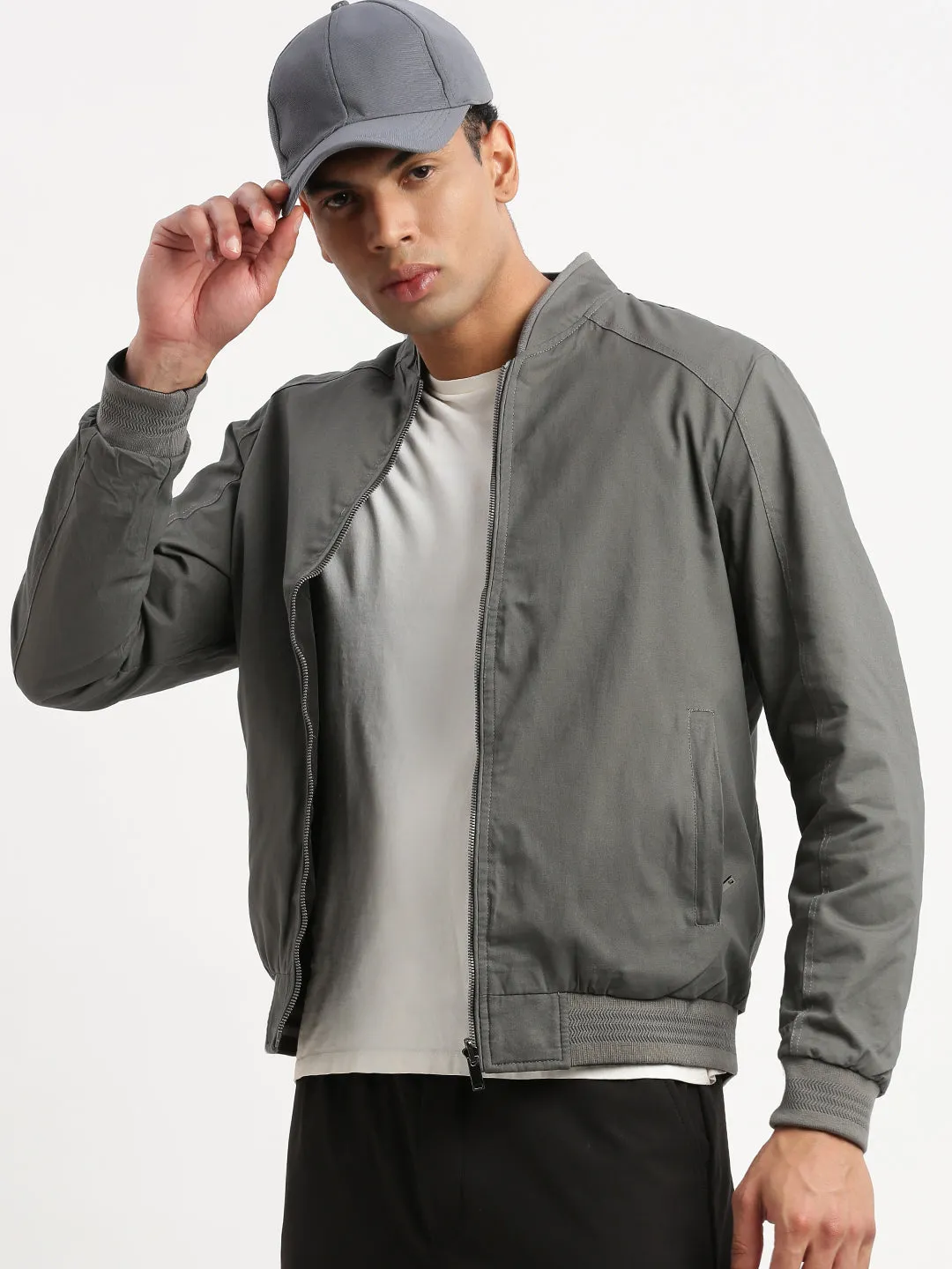 Men Mandarin Collar Grey Solid Reversible Bomber Jacket