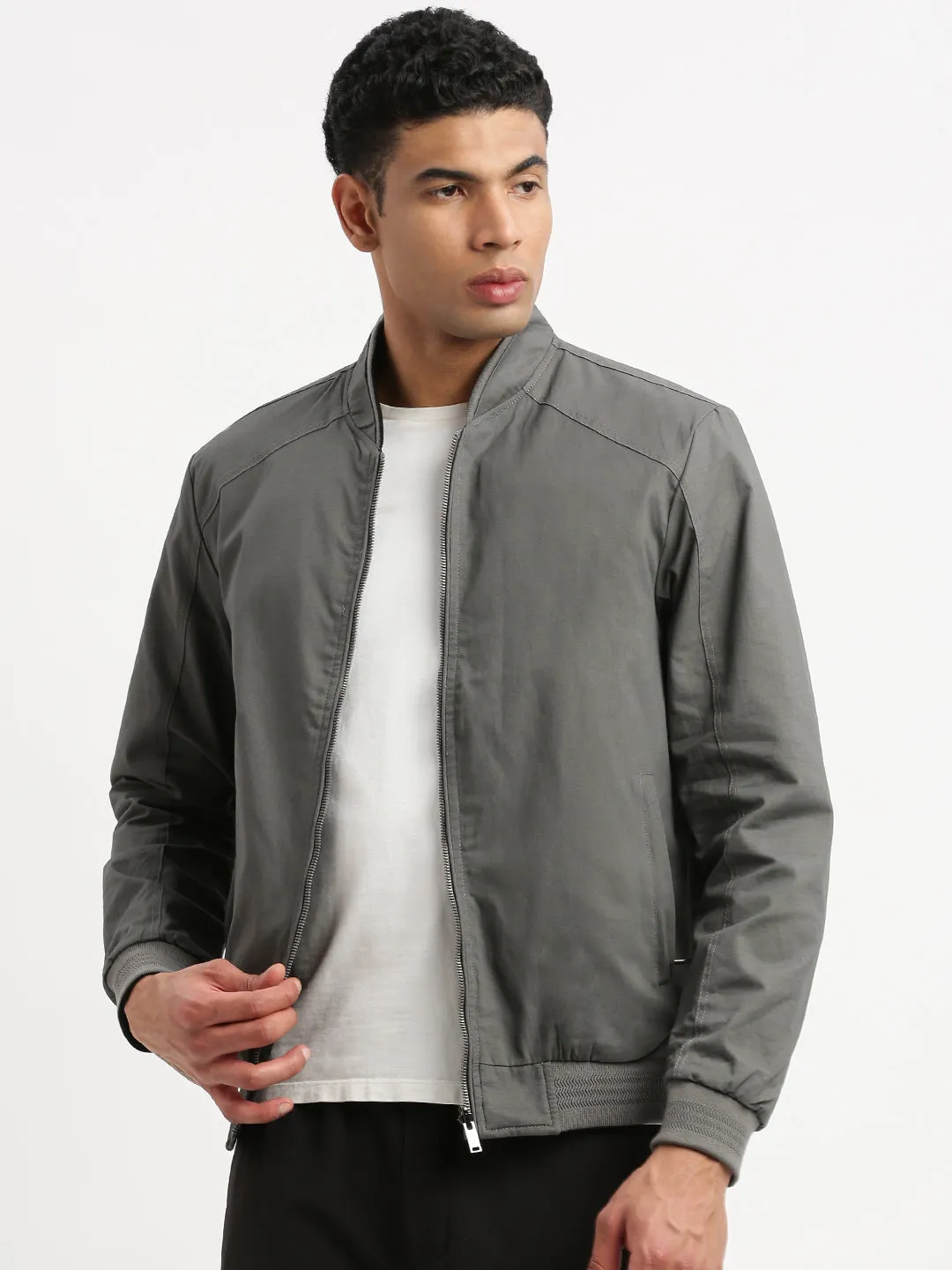 Men Mandarin Collar Grey Solid Reversible Bomber Jacket