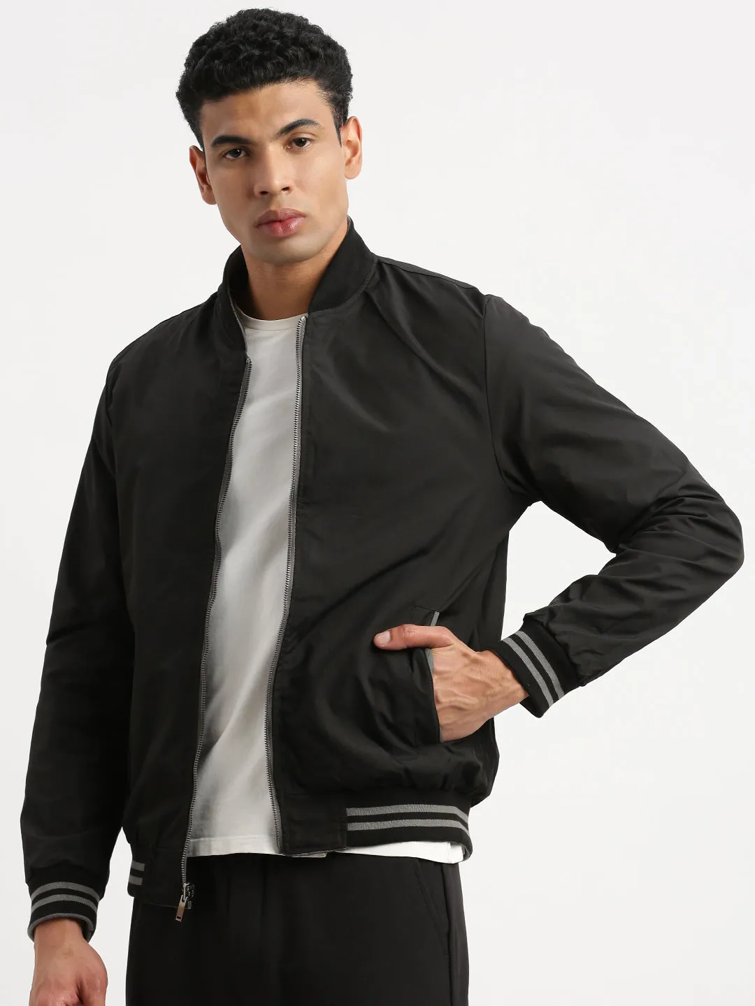 Men Mandarin Collar Grey Solid Reversible Bomber Jacket