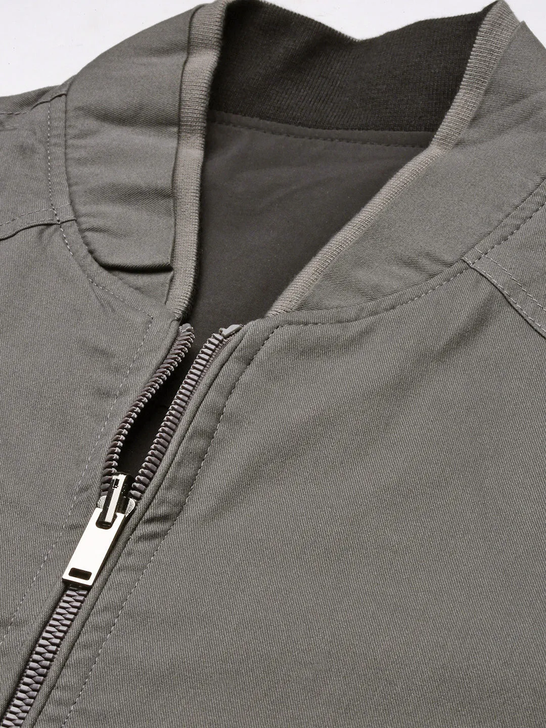 Men Mandarin Collar Grey Solid Reversible Bomber Jacket