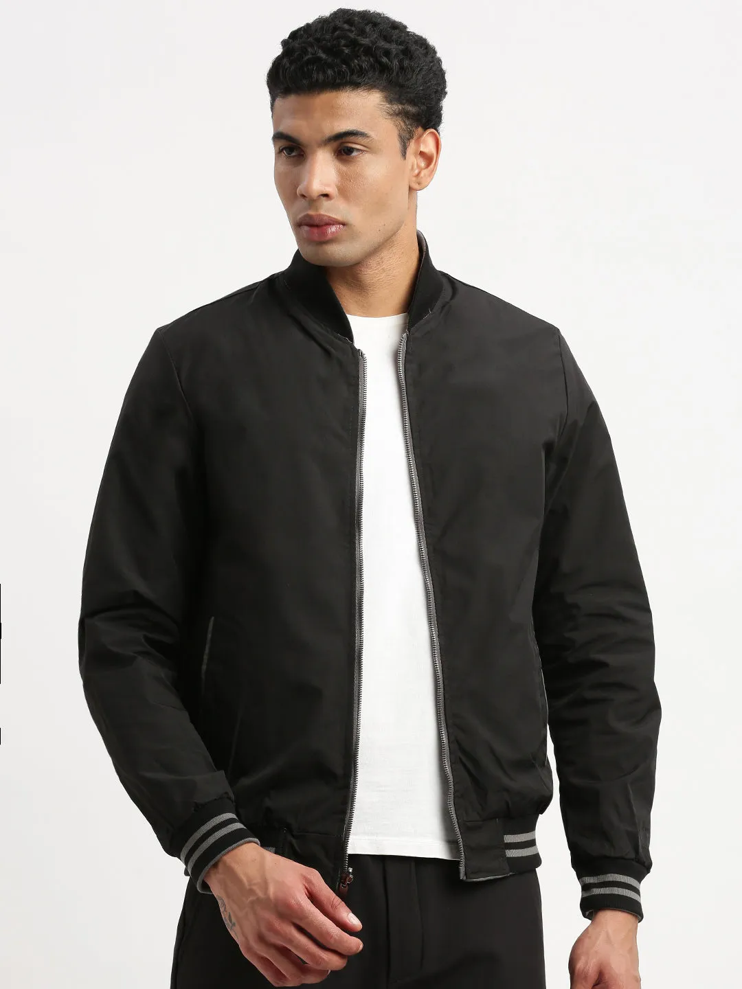 Men Mandarin Collar Grey Solid Reversible Bomber Jacket