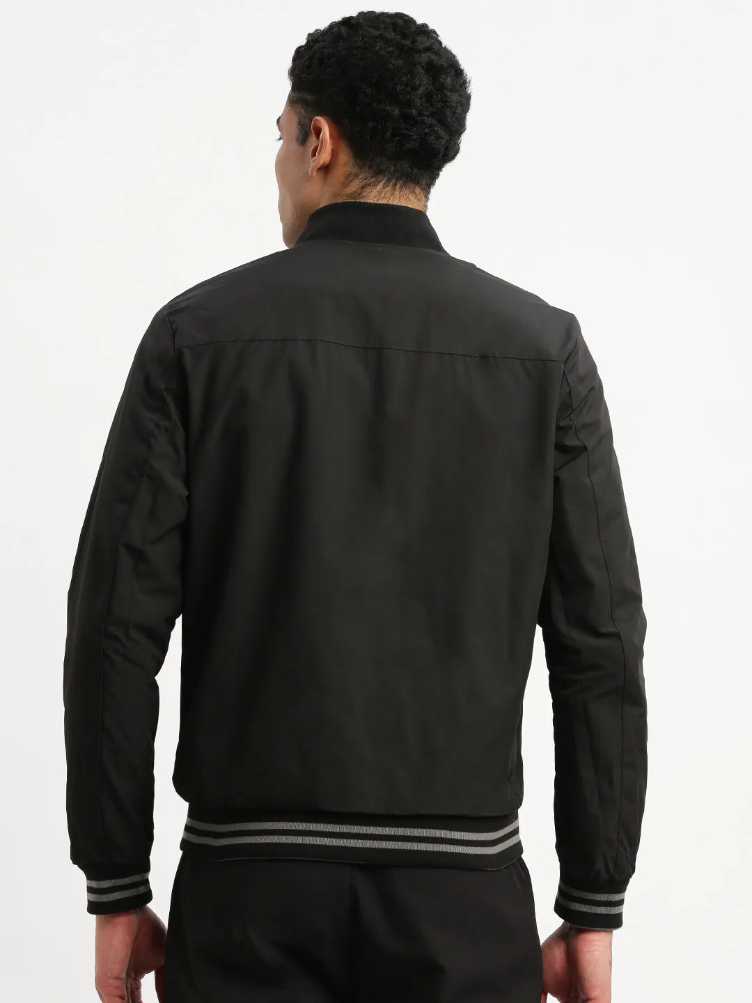Men Mandarin Collar Grey Solid Reversible Bomber Jacket