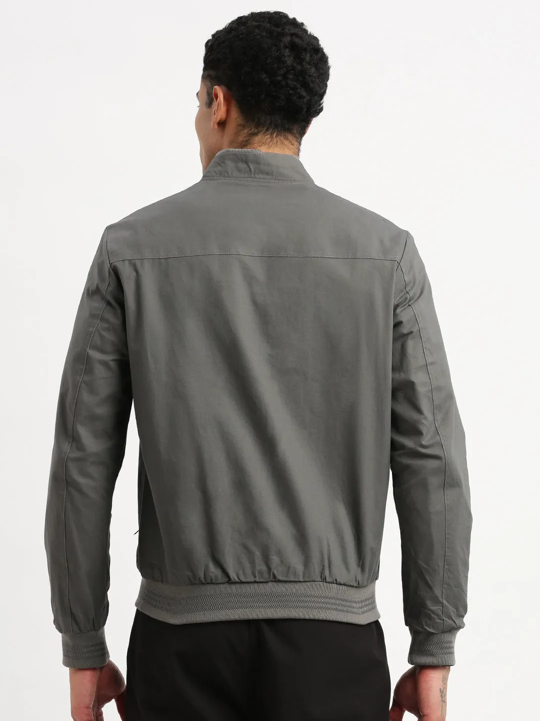 Men Mandarin Collar Grey Solid Reversible Bomber Jacket
