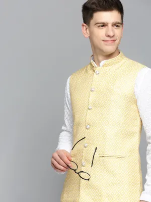 Men Mandarin Collar Printed Yellow Nehru Jacket