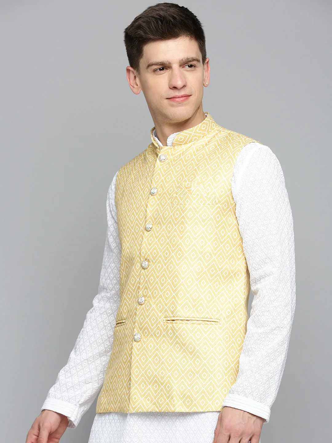 Men Mandarin Collar Printed Yellow Nehru Jacket