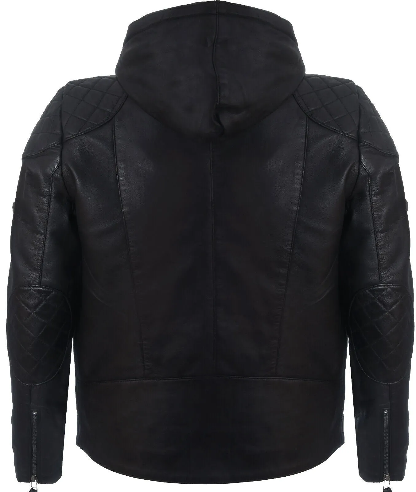 Mens Black Vintage Zipped Leather Hooded Bomber Biker Jacket