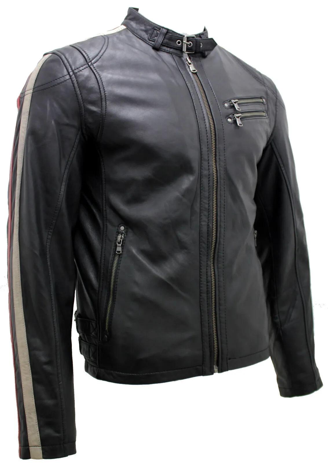 Mens Cafe Racing Striped Leather Jacket-Marseille