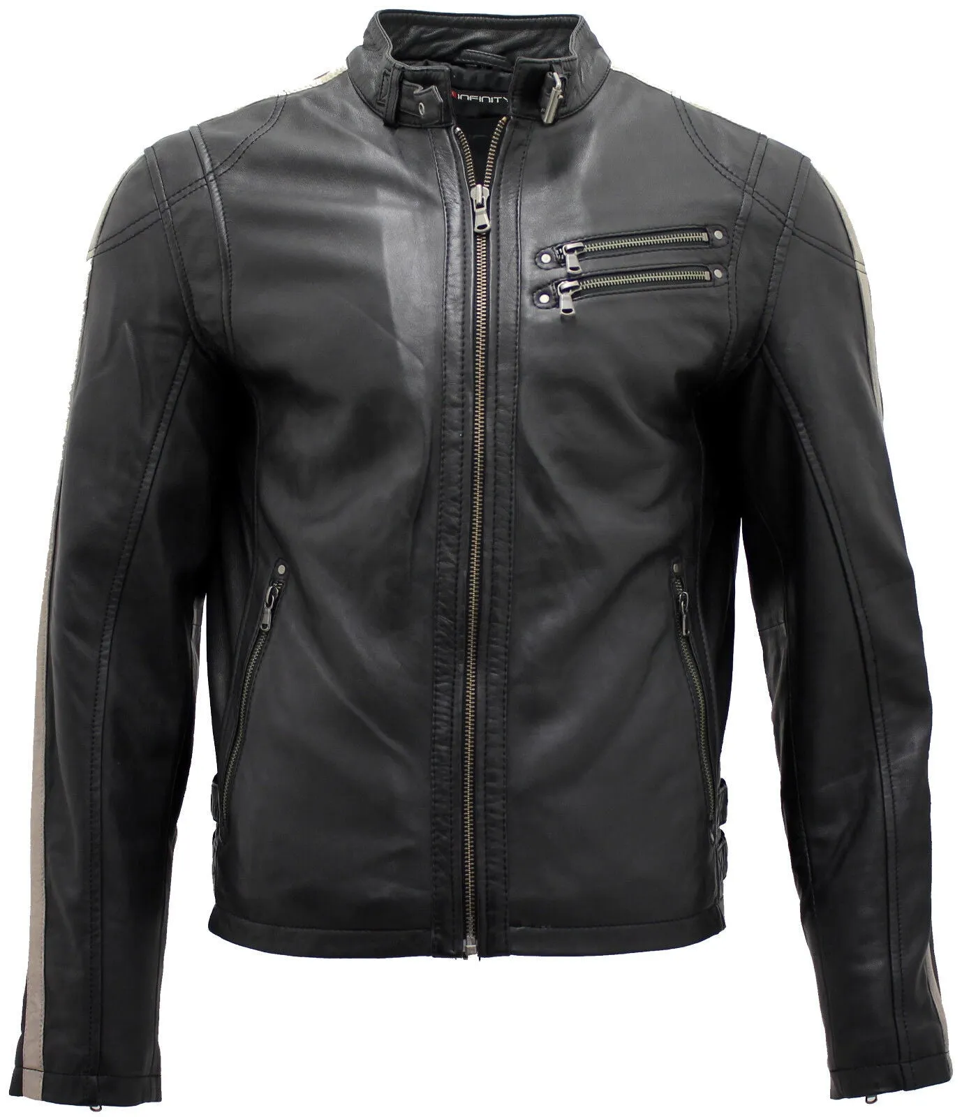 Mens Cafe Racing Striped Leather Jacket-Marseille