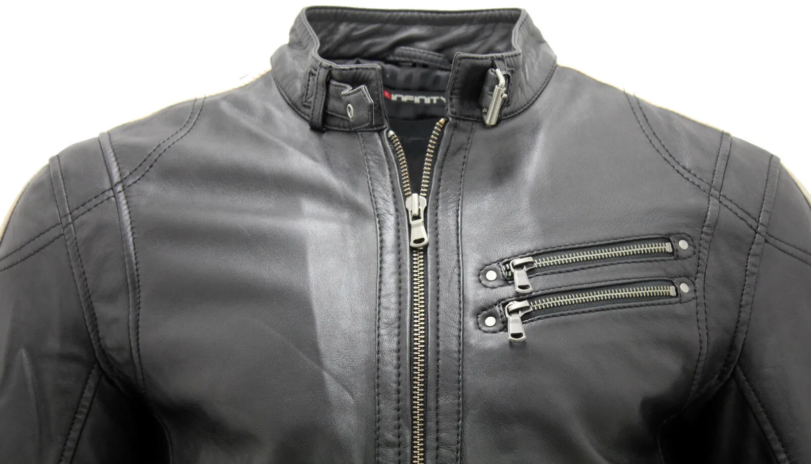 Mens Cafe Racing Striped Leather Jacket-Marseille