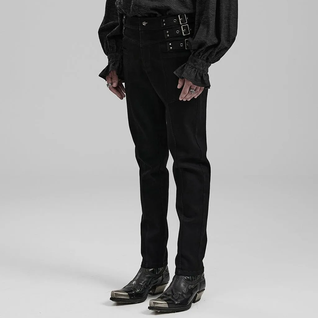 Men's Punk Straps Slim Fitted Straight Leg Jeans