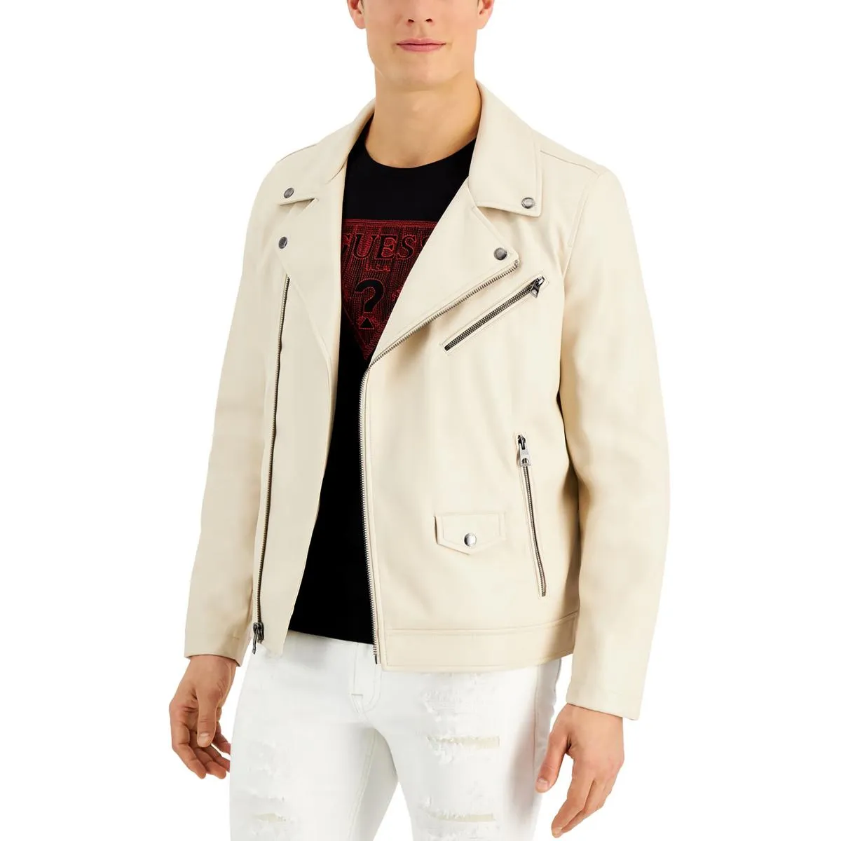 Mens Zipper Faux Leather Motorcycle Jacket