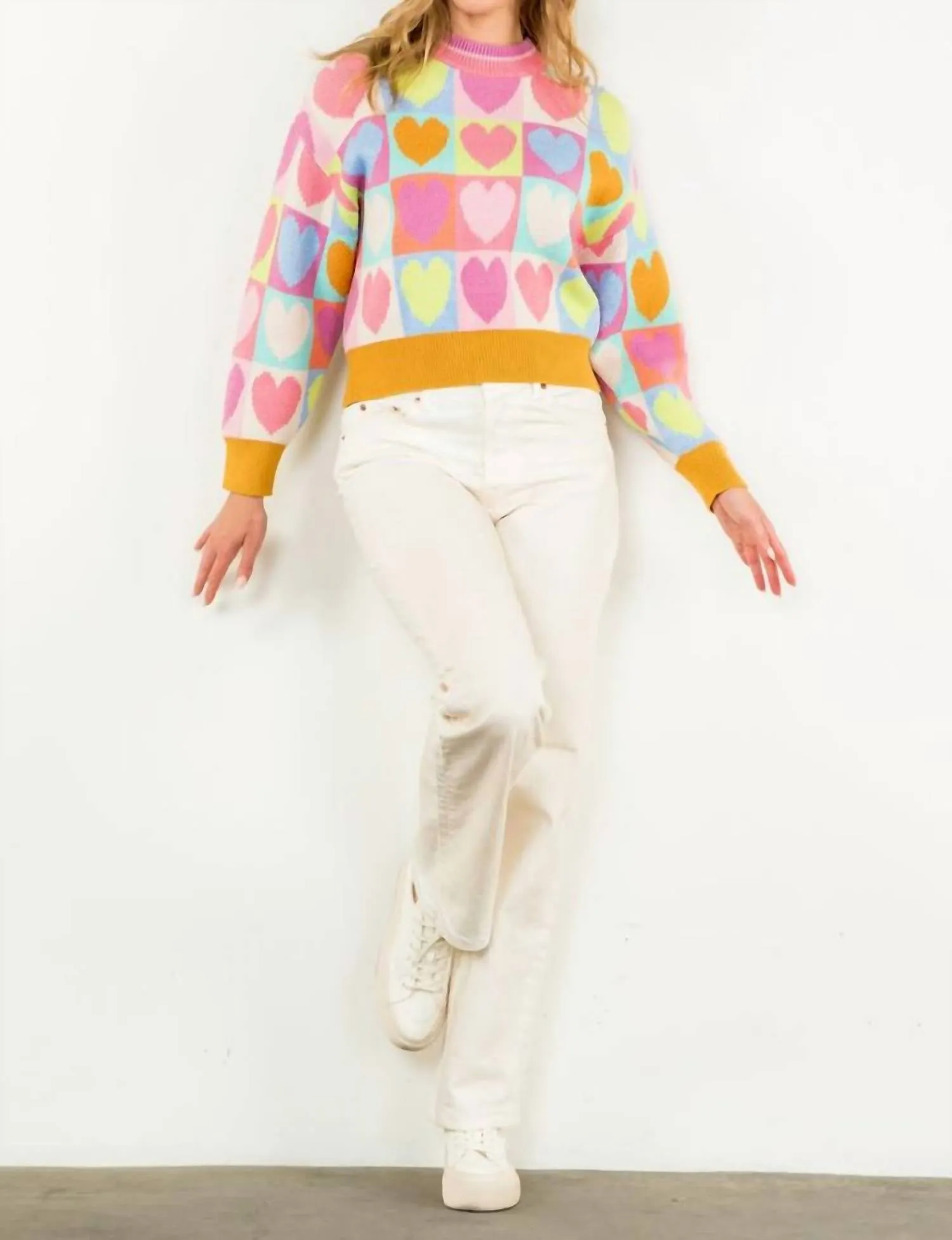 Mock Neck Heart Knit Sweater In Multi