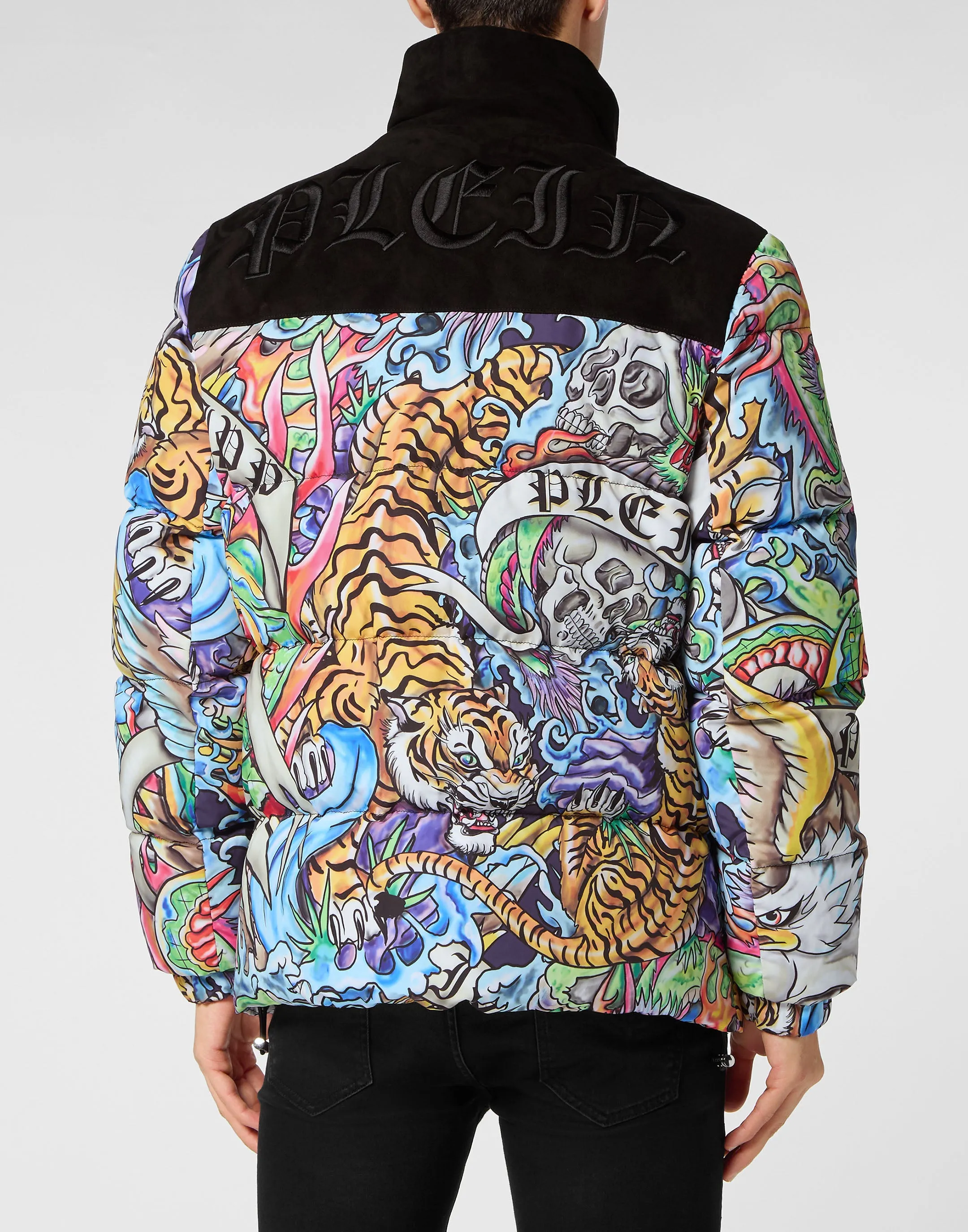 Nylon Puffer Jacket With Leather Inserts Tattoo