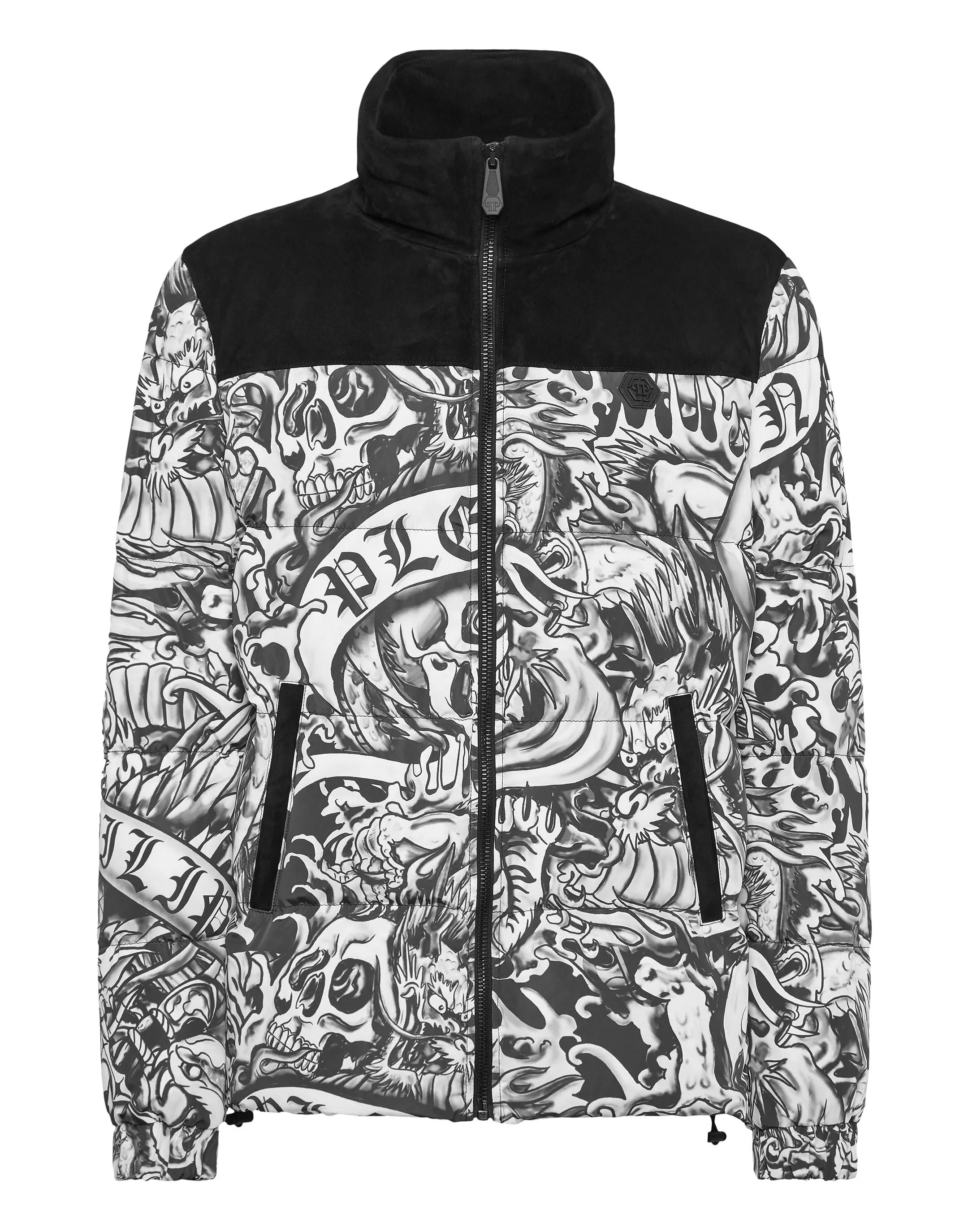 Nylon Puffer Jacket With Leather Inserts Tattoo
