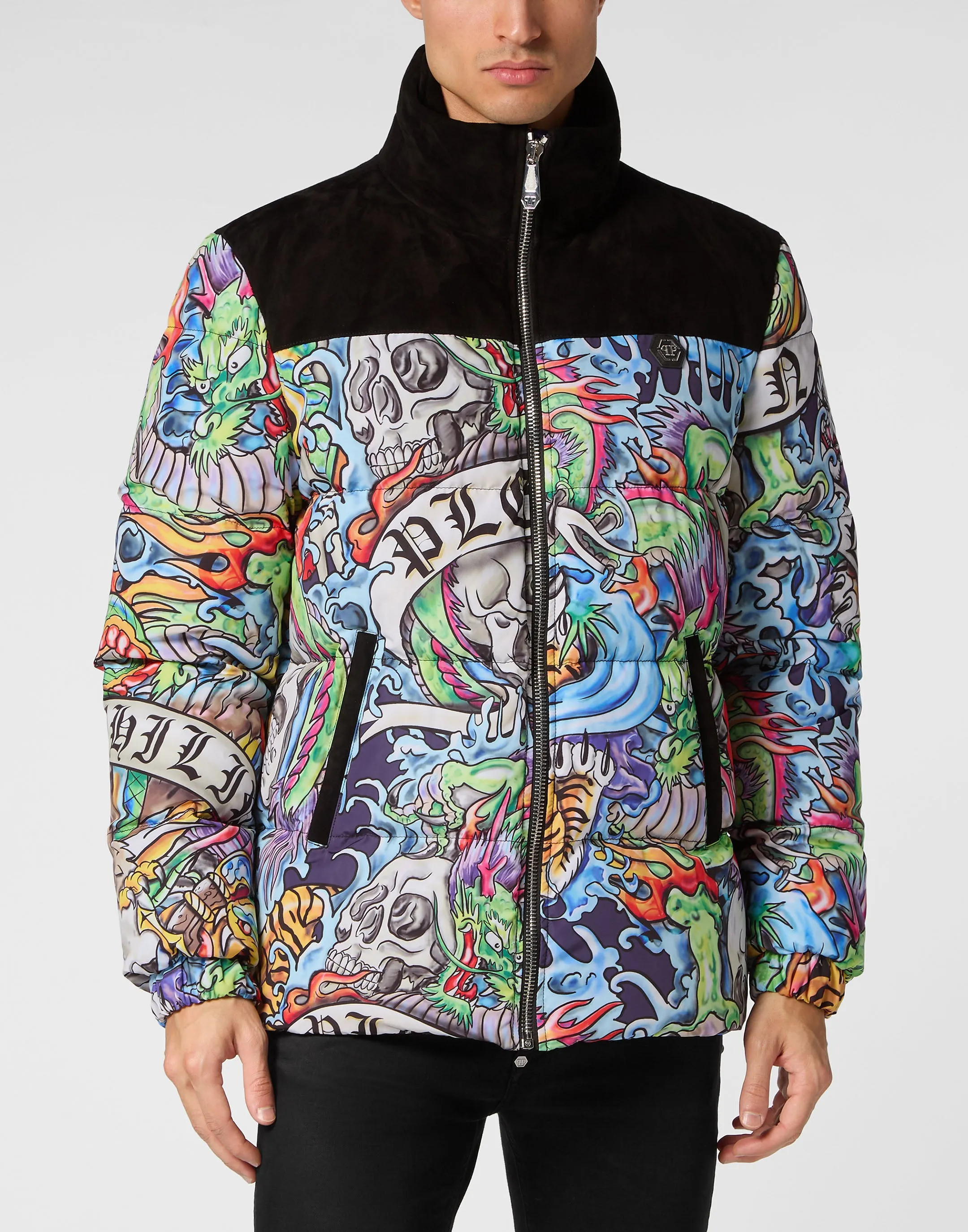 Nylon Puffer Jacket With Leather Inserts Tattoo