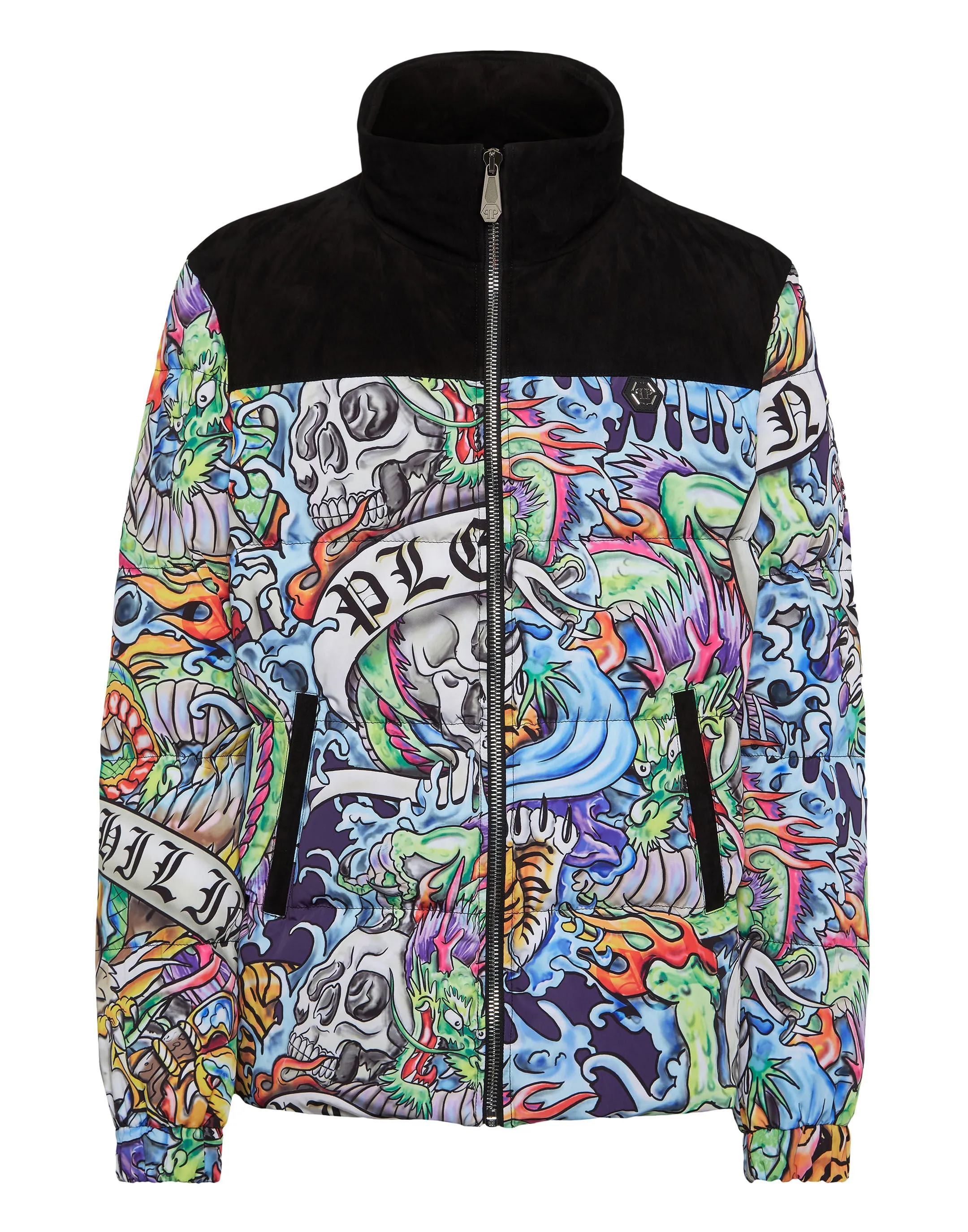 Nylon Puffer Jacket With Leather Inserts Tattoo